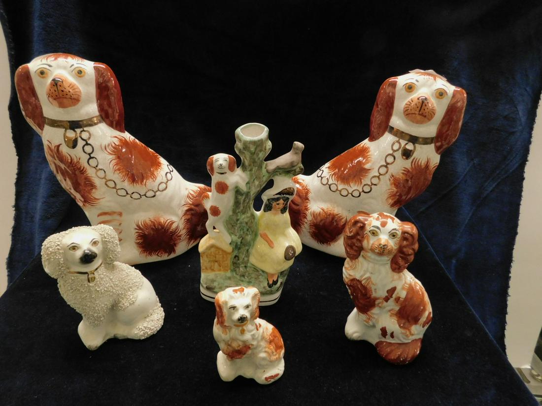 Staffordshire Spaniels Collection: Staffordshire Spaniels Collection, King Charles Spaniels, includes: pair of Kent 9 1/4"; 3 1/2" and 5 1/4" circa 1870; 4 3/4" white sand finish and a Rushton ceramics 7 3/4" vase with girl and dog; fr