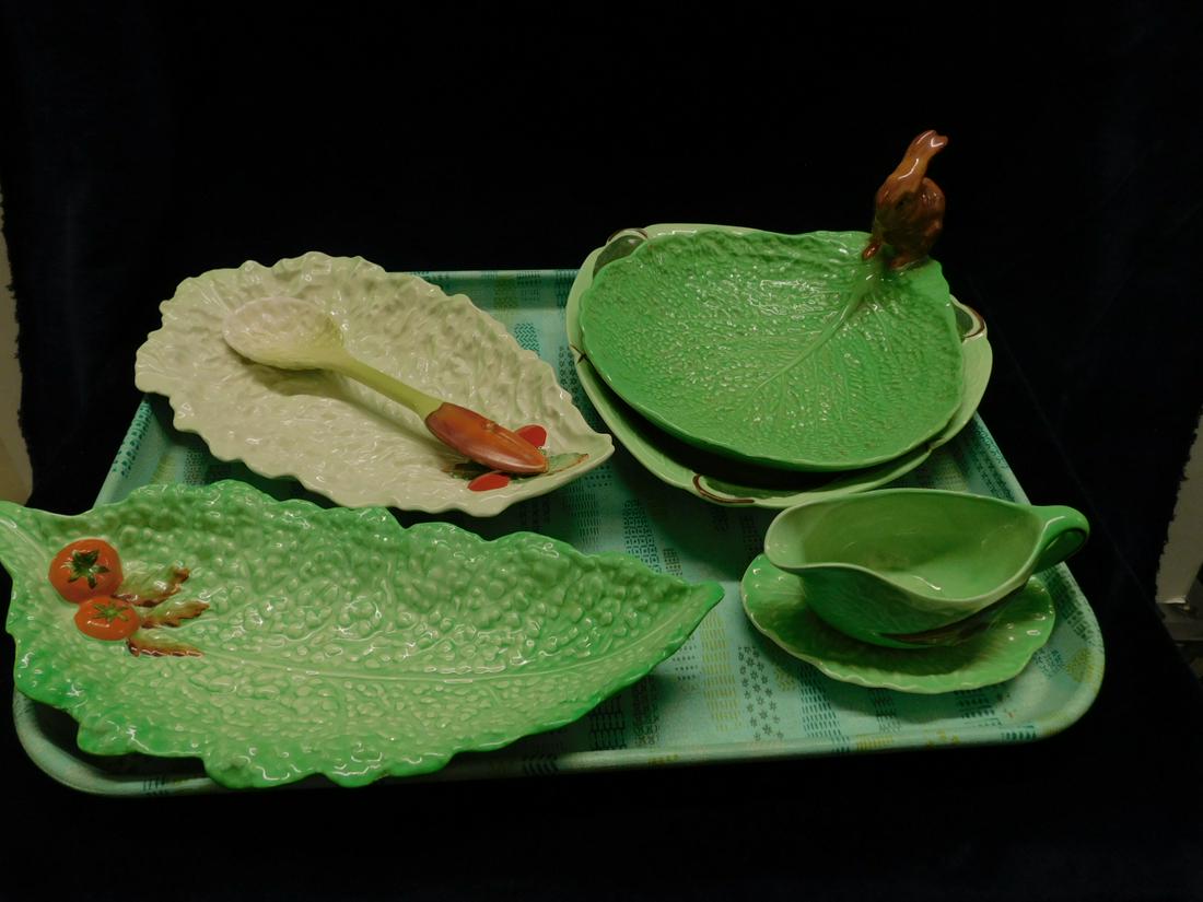 Carlton Ware & Royal Devon Pcs: Carlton Ware and Royal Devon Pieces, made in England including: Carlton Ware-cabbage leaf form celery and vegetable dishes (one with spoon), 11" and 11 1/2", triangle leaf form bowl, 8 3/4" and gravy