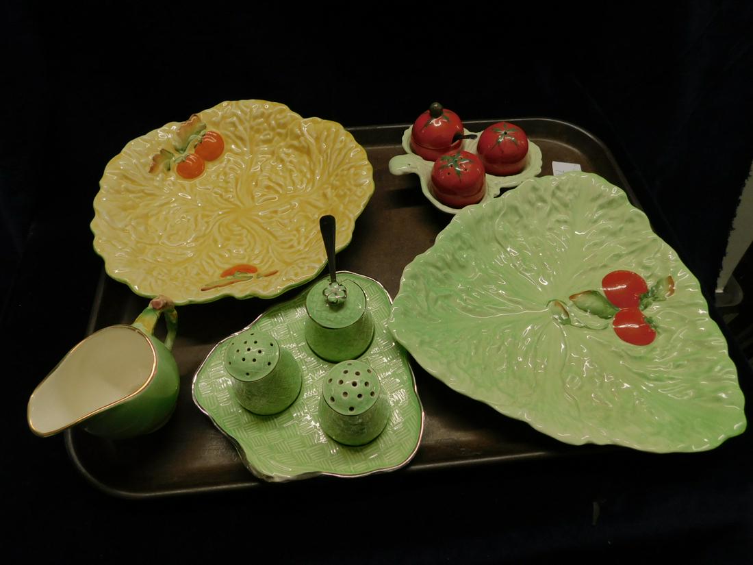 Lou Carlton Ware & Royal Winton: Lou Carlton Ware and Royal Winton, made in England including: two serving dishes, cabbage leaf form (one round 8" d and one triangular, 8 3/4"); one condiment set, tomato form, 5 3/4", plus Royal Wint