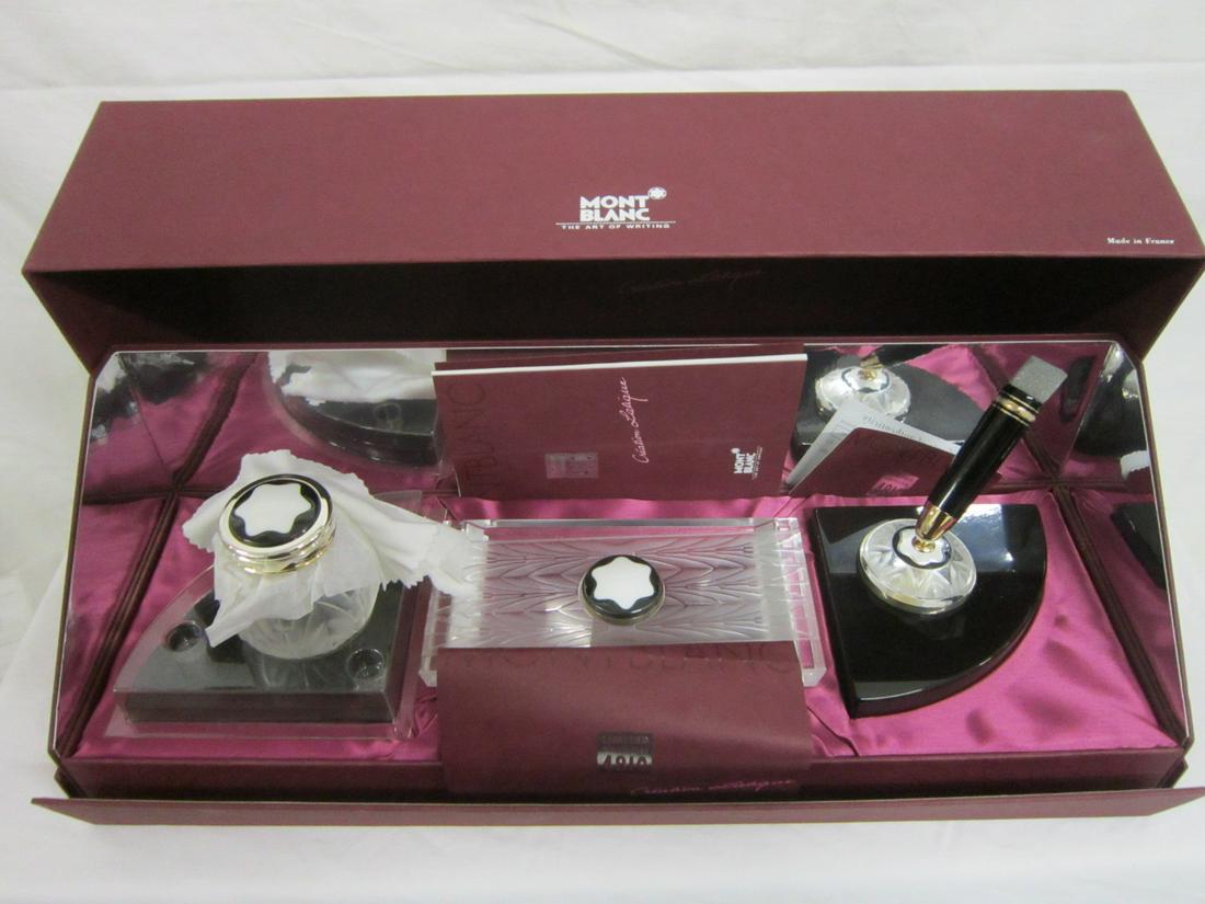 Lalique Mont Blanc 4810 Inkwell Set: Lalique Mont Blanc 4810 Inkwell Set, three piece limited edition 663/4810; sterling silver with hand made and mouth blown crystal from the workshops of Cristallerie Lorraine; includes: ink well, blott