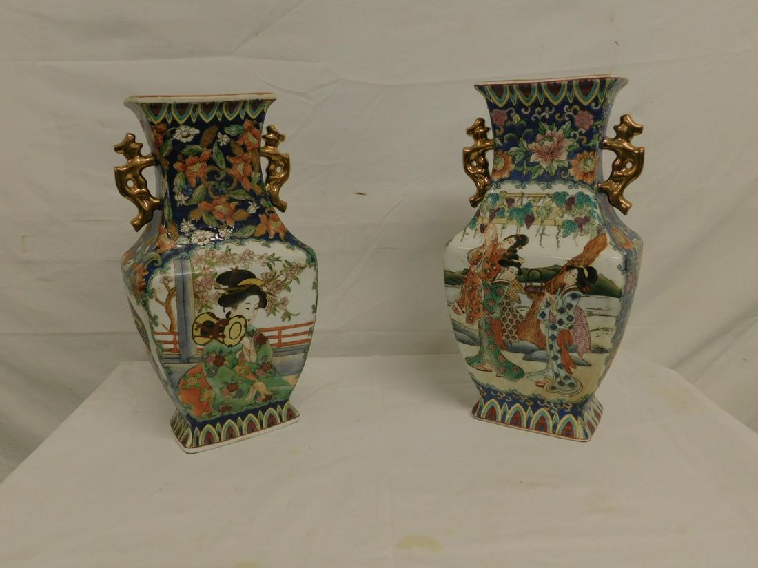 Pr Chinese Porcelain Geisha Vases: Pair Chinese Porcelain Geisha Vases, four sided with Geisha painted panels and gilt dragon handles, black under glaze mark on bases, mid to late 20th C, 15 1/2"h. CONDITION: Very fine, no issues ident