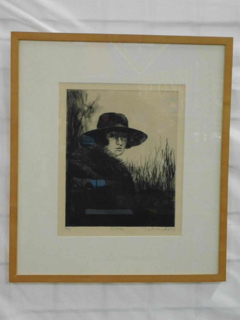 "Vita" Titled Engraving: "Vita" Titled Engraving, illegibly pencil signed lower right, N Brandr 89?, 5/8, black and white portrait of lady with fur coat and hat, sight 9" x 11", matted in birch frame, 16" x 18". CONDITION: Ve