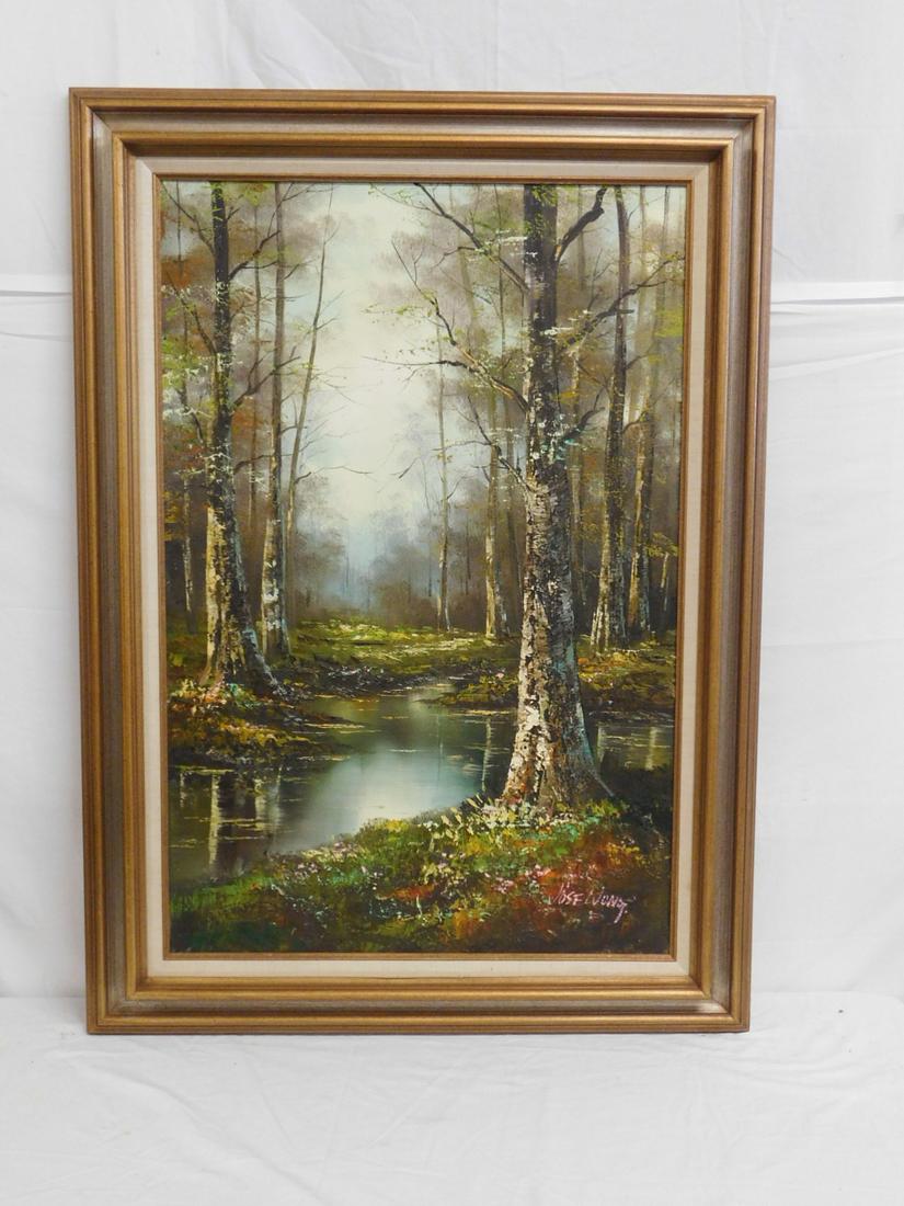 Jose Wong Landscape Painting: Jose Wong Landscape Painting, signed lower right, oil on canvas, forest landscape with birch trees and stream,sight 24" x 36",wood frame, 31" x 44". CONDITION: Very fine.