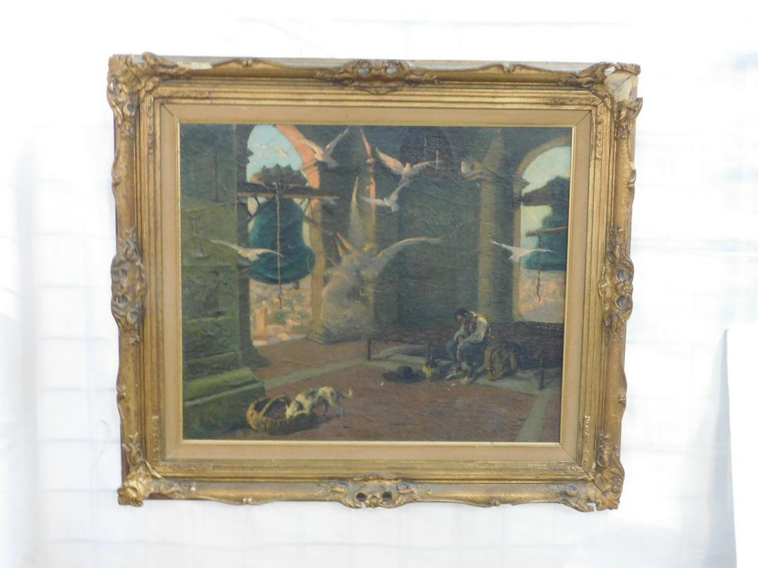 Eugene Cadel Painting: Eugene Cadel Painting, oil on canvas, Paris, France 1862-1942; "The Bell Ringer", signed lower left, depicts seated man in Bell Tower with a dog and flying doves, 19th c.; 26" x 21 1/4"; carved and gi