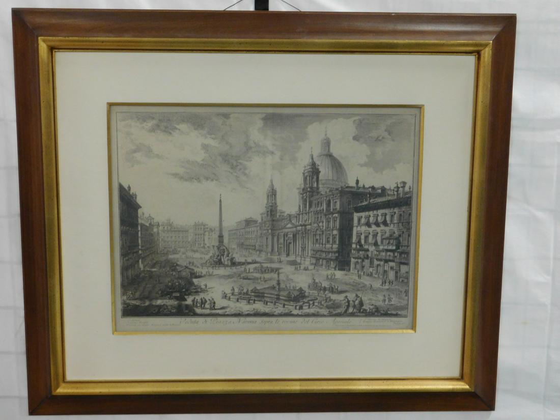 Giovanni Battista Piranesi Engraving: Giovanni Battista Piranesi Engraving, signed in plate description "Piranefi del sci"; "Vedata di Piazza Navona Sopra le rovine del circo A Gonale"; 18th C, approx. sight 22 1/2" x 17", matted in gilt 