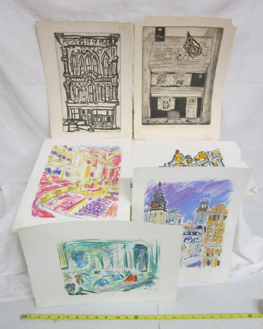 6 William J. Wendt Jr. Phila Prints: Six William J. Wendt Jr. Phila Prints, Philadelphia artist; all pencil signed; includes: Mezzotint "Betsy Ross House" 7/30; block print - iron front building artist proof; Monotypes: "Convention Hall"