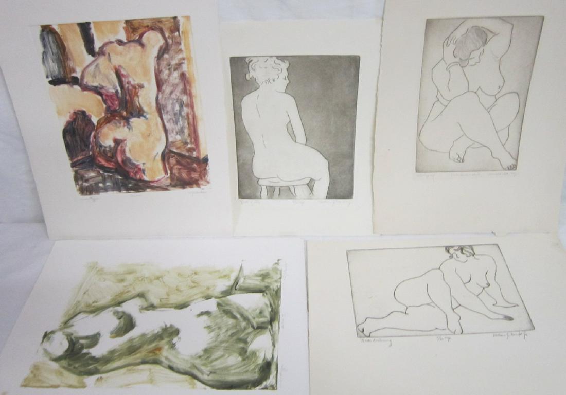5 William J. Wendt Jr, Female Nude Prints: Five William J. Wendt Jr, Female Nude Prints, Phila artist, all pencil signed, includes: etchings: "Nude Reclining" 6/30, approx. sights, 7" x 8 1/2", plus monotypes: "Statue", and "Statue II", 8" x 1