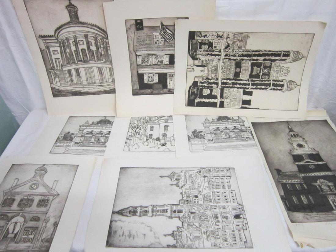 10 William J. Wendt Jr. Phila. Prints: Ten William J. Wendt Jr. Phila. Prints, Philadelphia artist; etchings include: "Old Saint Mary's" 3/30; "Merchant's Exchange" 5/50; "Head House" proof; "Memorial Hall" 4/30; "Betsy Ross House" 1/30, (