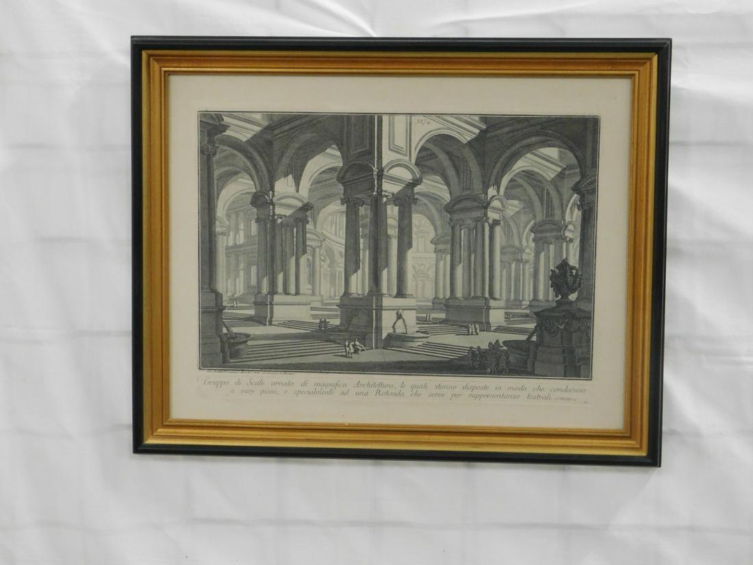 Giovanni Battista Piranesi Etching: Giovanni Battista Piranesi Etching, "Gruppo di scale ornato di magnifica Architettura, ...."; plate No. 337.a, sight approx 16 1/2" x 13", in gilt and ebonized wood frame, 19 1/2" x 15 1/2", 18th or 1