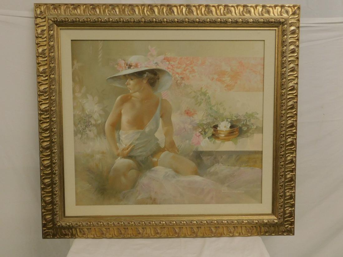 20th c. Female Nude Painting: 20th c. female nude painting, oil on canvas, illegibly signed (lower right), verso with illegible inscription, depicts a semi nude female wearing a bonnet and seated on a bed, matted in a fancy gilt w