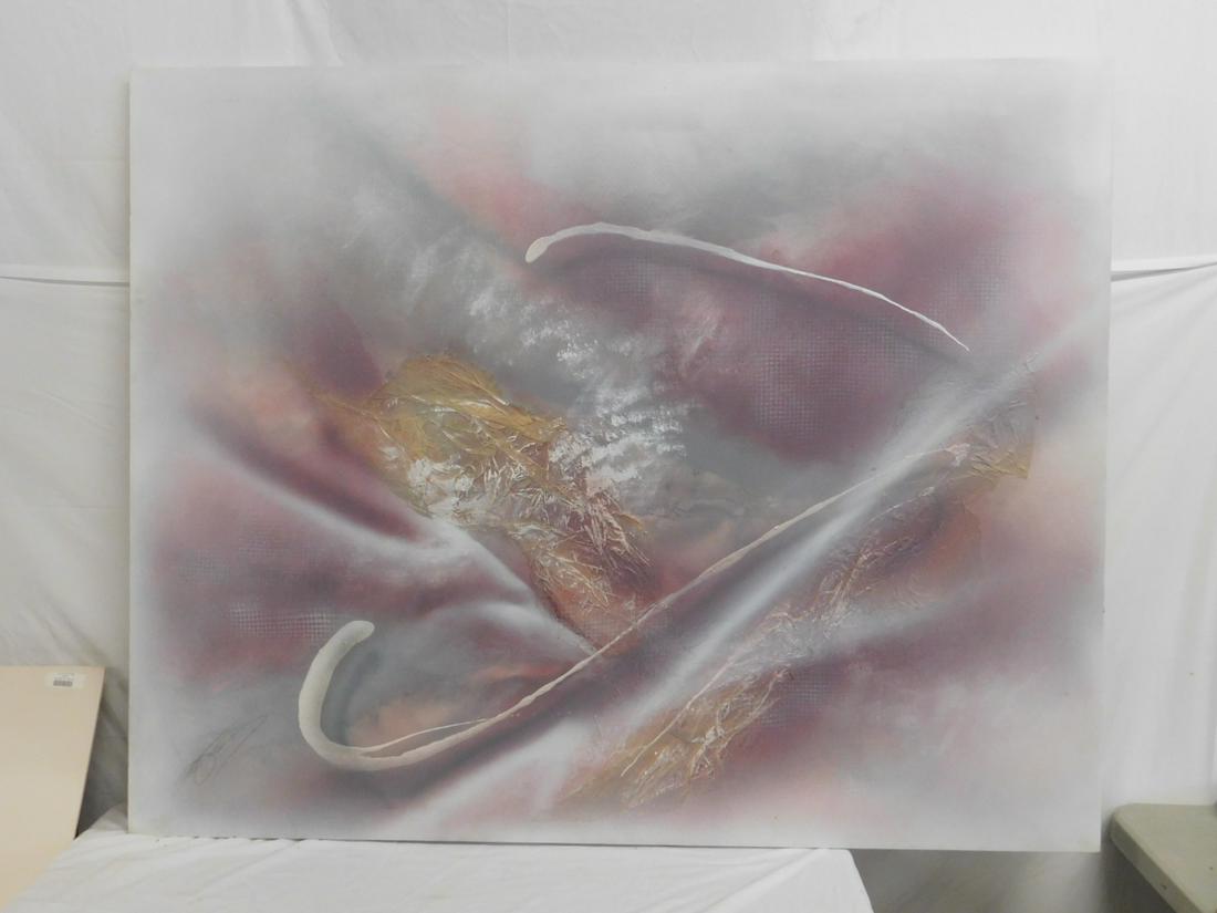 Laurie A. Fields Collage Acrylic Painting: Laurie A. Fields Collage Acrylic Painting, on canvas, abstract in pastels, unframed 60" x 48", signed lower left and on rear stretcher in pencil 7/84. CONDITION: Very good. Not examined out of frame.