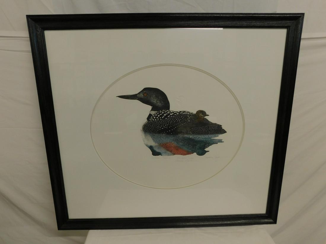 Lawrence Snyder Color Lithograph: Lawrence Snyder color lithograph, signed in pencil (lower right), 3 / 25 artist proof, "Northern Solitude - Common Loons", oval mat in ebonized wood frame, 39 1/2" x 35 1/2" Condition; very fine, not 