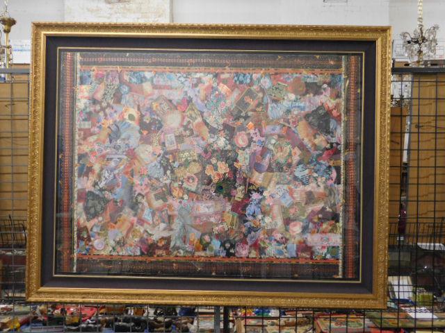 Melanie Boone Collage: Melanie Boone Collage, American b. 1948, "Victorian" mixed media collage, Renaissance fine arts label on verso, sight 60" x 45", carved gilt and cloth frame, 72" x 56". CONDITION: No issues identified