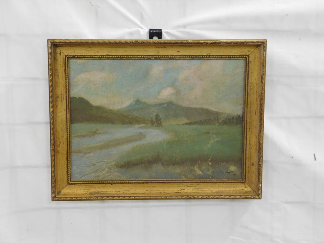 Lance Ray Lauffer Landscape Painting: Lance Ray Lauffer Landscape Painting, o/c, mountain landscape with river, signed lower right 1989, sight 14" x 10", gilt wood frame, 16 1/2" x 12 1/2". CONDITION: Good, areas of wear on frame.