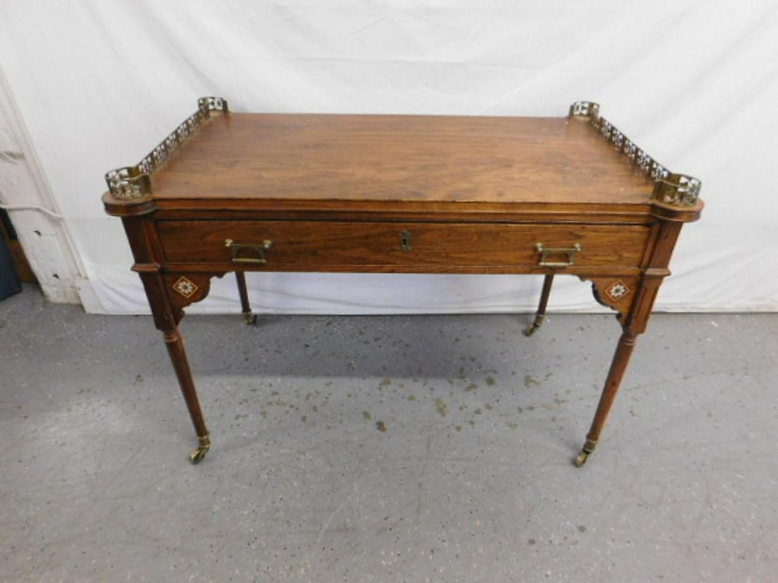 Important Mackintosh Style Aesthetic Bureau Platte: Important Mackintosh Style Aesthetic Movement Bureau Platte, Charles Rennie Mackentosh (1868 - 1928), walnut with rosette tile inlays, pierced brass side galleries, turret corners, single drawer, turn