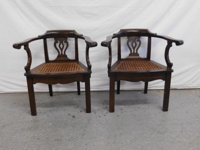Pr Chippendale Style Child's Chairs: Pair Chippendale Style Child's Chairs, mahogany, yoke backs with shaped arms and urn pierced splats, caned seats, straight square legs, early 20th C, 25"h, seat 14"h. CONDITION: Good, light wear.