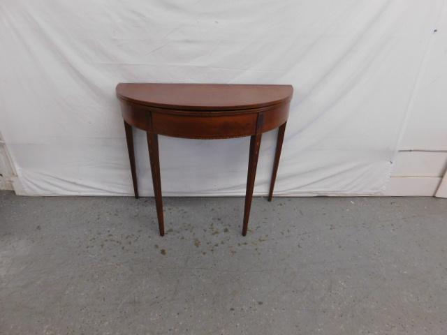 Hepplewhite Card Table: Hepplewhite Card Table, cherry with line and bell flower inlays, bow front, four tapered square legs, American c 1790-1800, 36 1/4" x 17 3/4" x 29 1/4", includes: 1983 Auction Receipt from Freeman's P