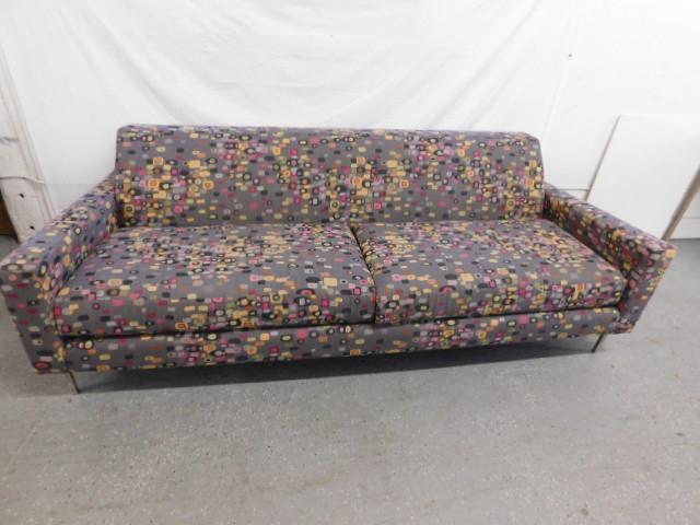 Caracole Classic Modern Era Sofa: Caracole Classic Modern Era Sofa, multi colored abstract block pattern gray ground cloth upholstery, squared arms, two cushion seat, four chromed metal square tube legs, late 20th C, length 84", 28"h.