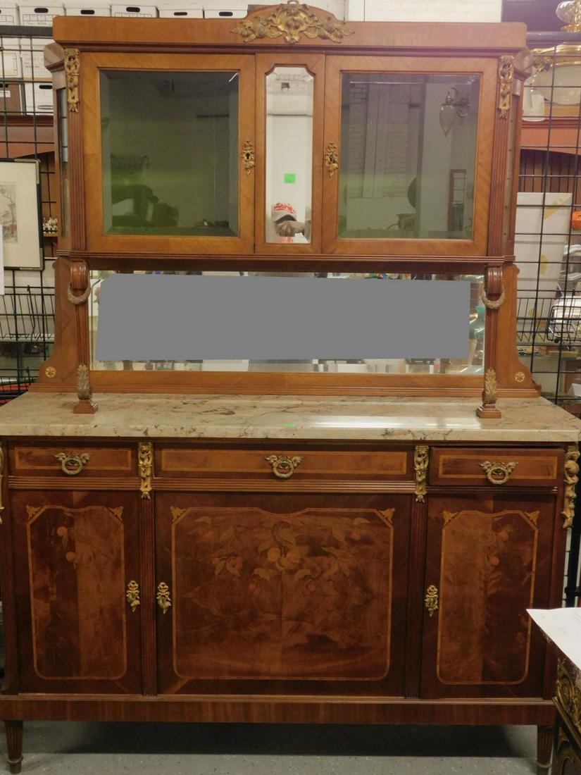 Louis XVI Style Hutch: Louis XVI Style Hutch, in three parts, mahogany with exotic wood marquetry inlays of cherry clusters, leaves and boarders, matching cast Dore' bronze mounts, beveled glass mirrors and doors, heavy bei