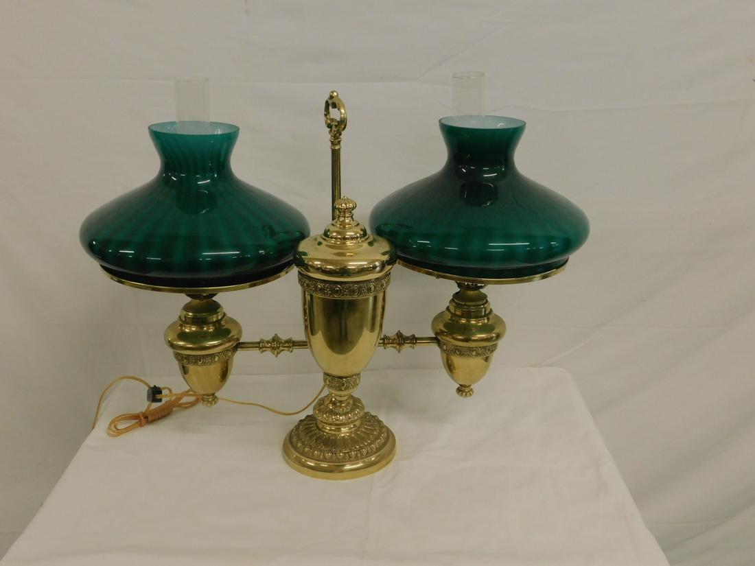 Victorian Double Student Lamp: Victorian Double Student Lamp, brass, embossed borders, adjustable height, two green cased glass shades with chimneys, late 19th c, 21" h. x 25" l, shade 9 1/2" diam. CONDITION: Electrified, very good