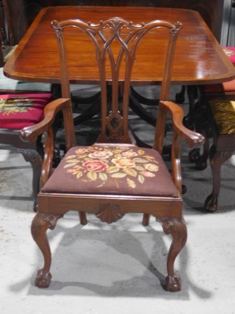 12 Centennial Chippendale Chairs: Twelve Centennial Chippendale Chairs, assembled set of nearly identical mahogany chairs with fan carved serpentine crest, open work slat backs, slip seats; ball and claw feet, 19th / 20th C, approx. 4