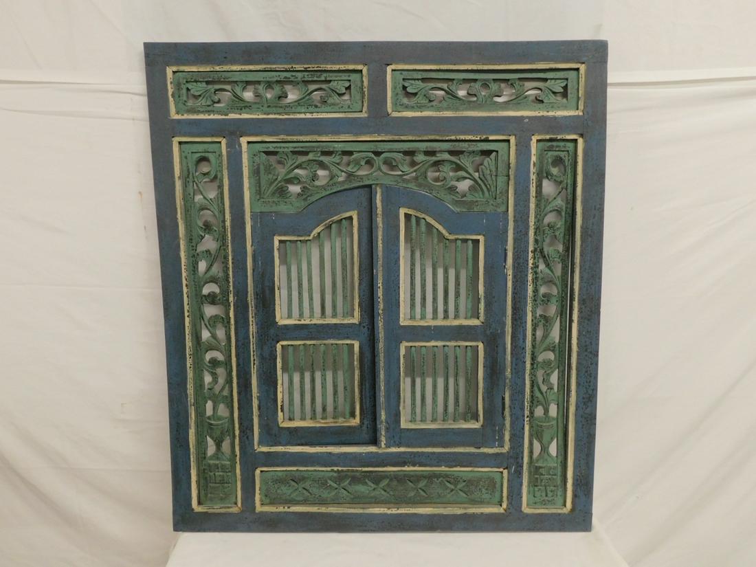 Continental Carved Wood Window Unit: Continental Carved Wood Window Unit, green and white painted, featuring open work acanthus carved panels flanking twin spindle front arched doors, 20th C, 35 1/4" x 31 1/4". CONDITION: Very good, dist