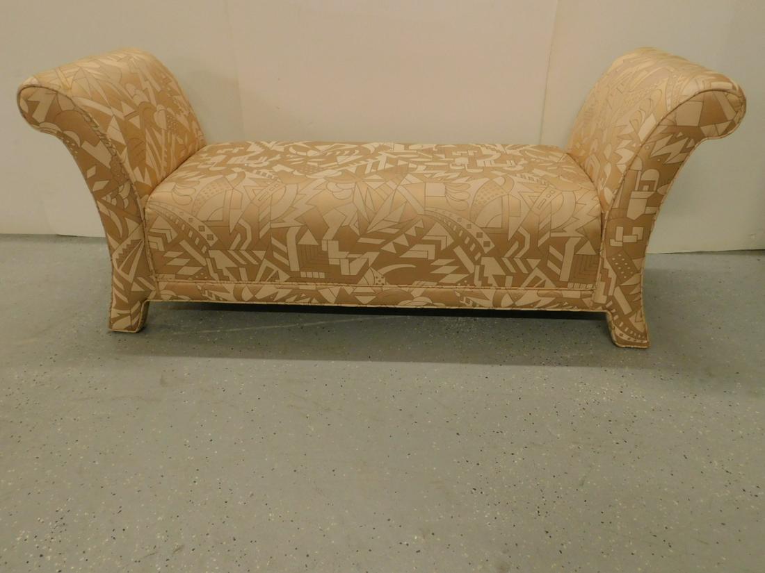 Fireside Bench: Fireside Bench, all over peach and gold cloth, geometric pattern upholstery, rolled ends, 21st c., 61" x 20" x 26". Condition; very good, light useage
