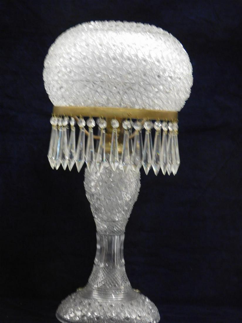 Waterford Cut Glass Large Scale Table Lamp: Waterford Cut Glass Large Scale Table Lamp (not marked), cut and pressed glass in Daisy and button pattern; domed shade with cut spears, on a baluster form base; electric, 20th C, approx. 25"h, 11"d. 