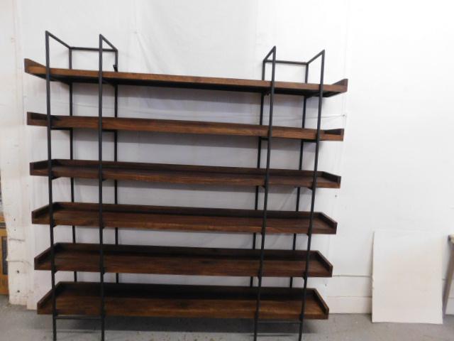 Modern Style Wall Unit: Modern style wall unit, six teak wood galleried shelves upon two black finished tubular metal stands, 21st c. 80" x 80" x 13 1/2". Condition; very fine