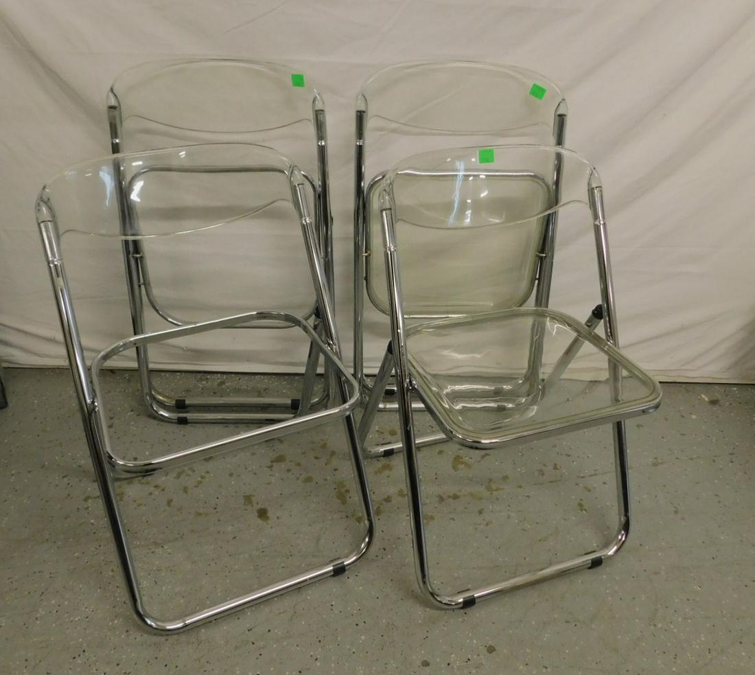 Set of 4 MCM "Plia" Style Folding Chairs: Set of 4 MCM "Plia" Style Folding Chairs, chrome and clear lucite construction, designed by Giancarlo Piretti, circa 1960-70s, no makers marks. CONDITION: Very good used condition.