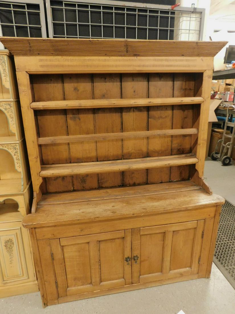 Antique Country French Dutch Cupboard: Antique Country French Dutch Cupboard, pine, in two parts, top with ribbed pediment and open shelves, base with two recessed twin paneled doors having tear drop hardware, 19th C, 58" x 19" x 72 1/2". 