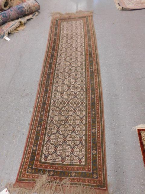 Persian Oriental Runner: Persian Oriental Runner, tan and cream blocked ground under gray panels and rosettes, brown and charcoal borders, mid 20th C, 117" x 33". [6] CONDITION: Very good, modest wear.