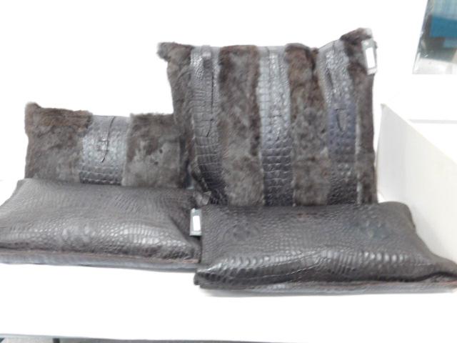 4 Alligator & Fur Pillows: Four Alligator & Fur Pillows by V Rugs & Pillows, Elsa LZ style, dark brown leather, alligator or crocodile pillows with genuine fur trim cloth backs, made in USA, includes: two 18" x 10" pillows with