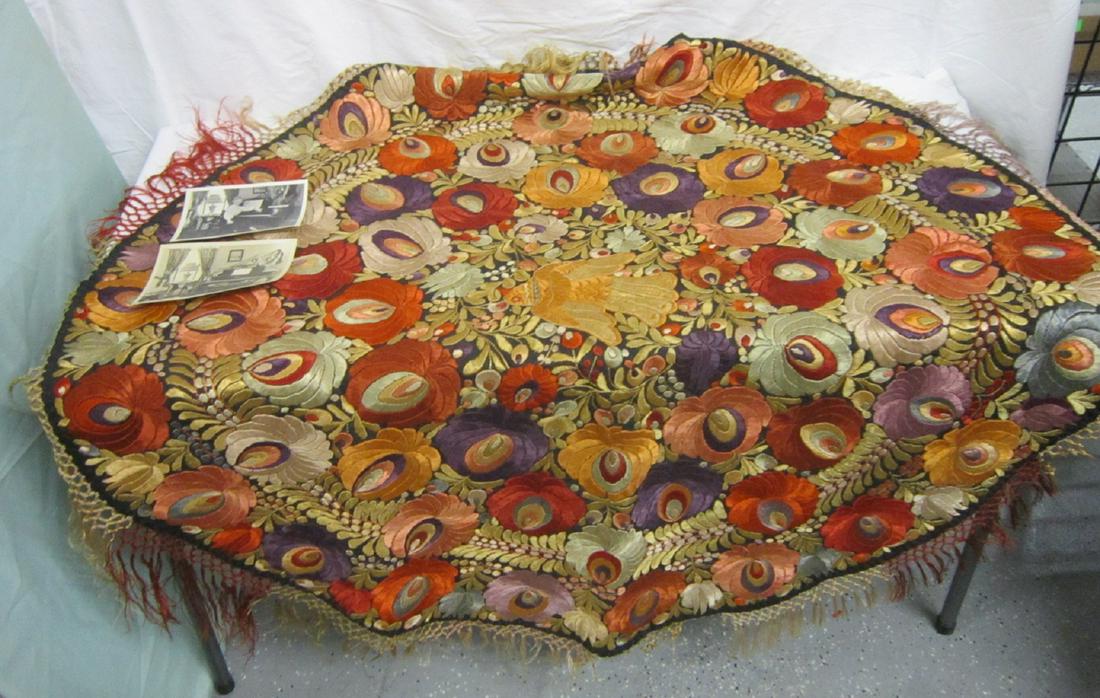 Embroidered Piano Cover: Embroidered Piano Cover, elaborately embroidered overall flower in autumn tones, upon a black ground; The center with a flying bird; fringed border, 19th / 20th C, approx 50"d, includes: two vintage p
