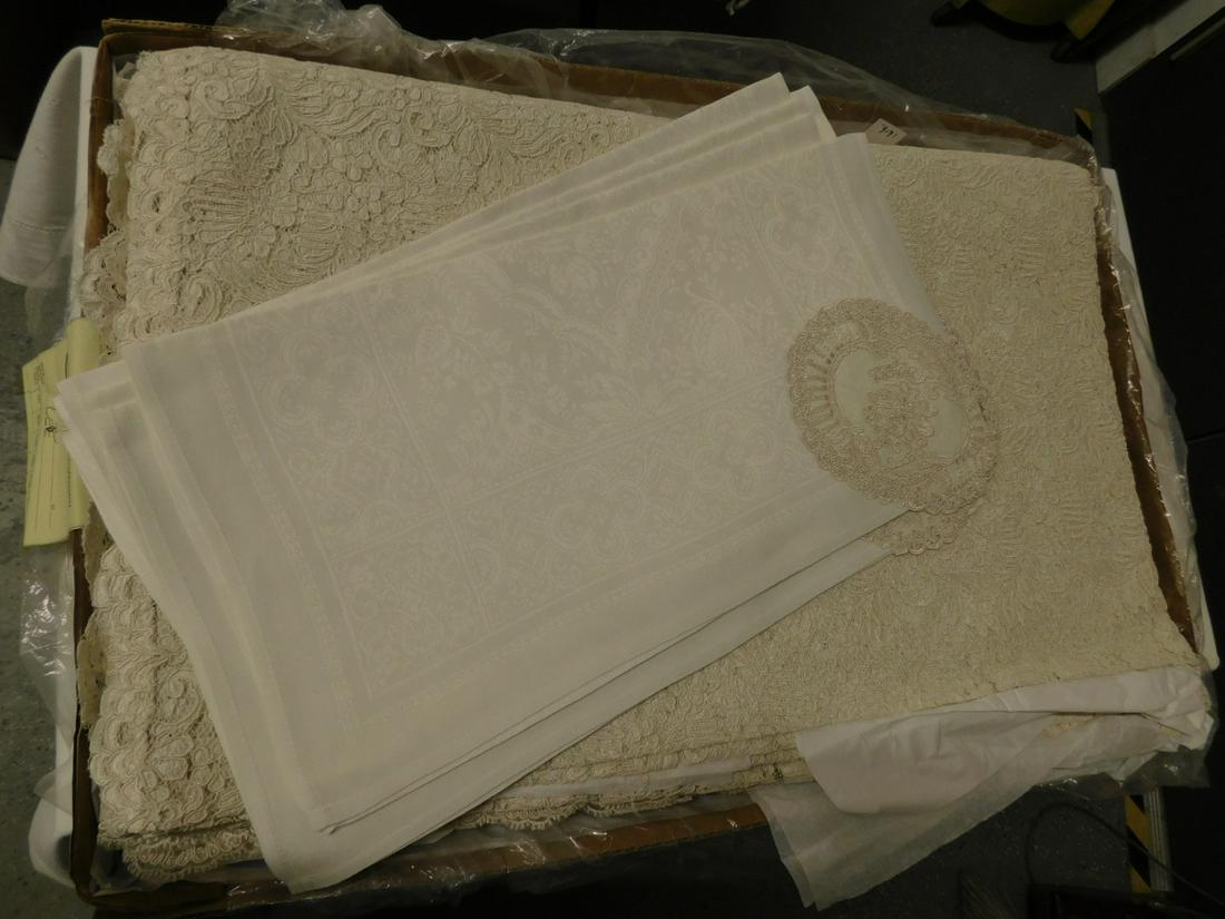 Battenburg Lace Table Cover & Napkins: Battenburg Lace Table Cover and Napkins, open floral design, beige, approx 107" (8'11") x 63" (5'3"), with sixteen white floral design damask napkins with matching Battenburg lace corner accents 19 1/