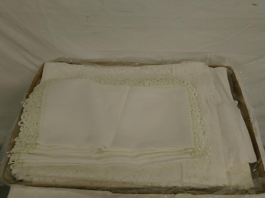 Battenburg Lace Table Cover Napkins: Battenburg Lace Table Cover Napkins, open work floral design over lace, white, approx 77" (6'5") x 5'6"), with fourteen white floral design damask napkins with swirled edging lace, 21" x 21". CONDITIO