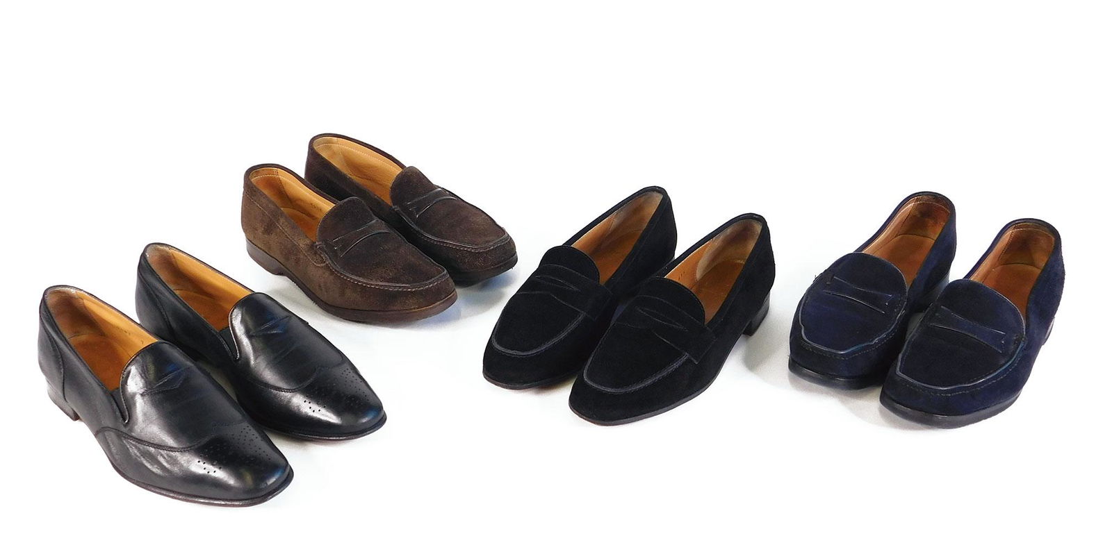 Gravati: Eight Pairs Women: Eight pairs Gravati women’s loafers, all size 7 Medium. Made in Italy, all retailed by Bergdorf Goodman. One pair black leather brogues, two pairs in navy suede, three pairs in black suede, two pair
