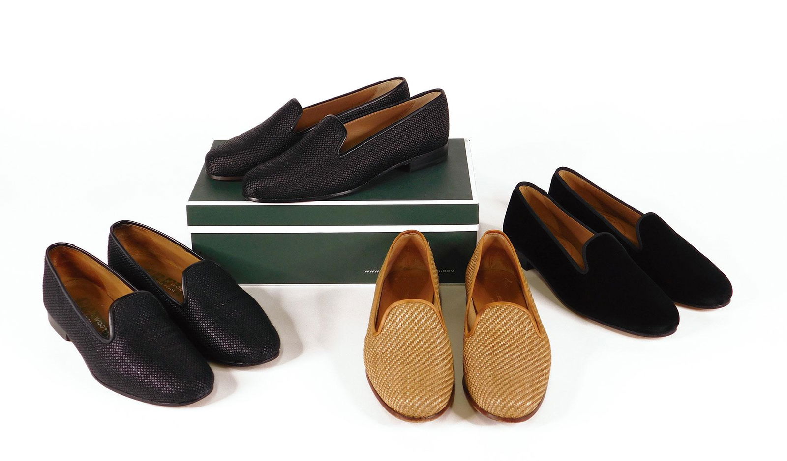 Stubbs and Wootton: Four Pairs Women’s Shoes: Four pairs Stubbs and Wootton women’s shoes, all size 7.5. Comprised of one pair black woven raffia slippers; one pair dark brown woven raffia slippers; one pair “Insecure” black velvet smoking