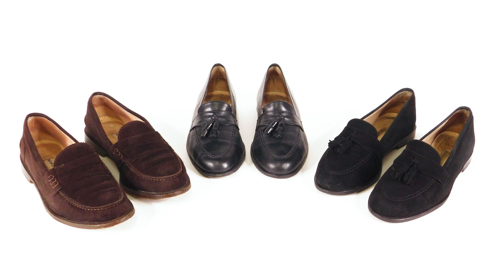 Manolo Blahnik: Three Pairs Women’s Loafers: Three pairs Manolo Blahnik women’s loafers, all size 36.5. Comprised of one pair “Ctassla” in black leather, one pair “Ctassla” in black suede, and one pair “Ellen” in dark brown suede.