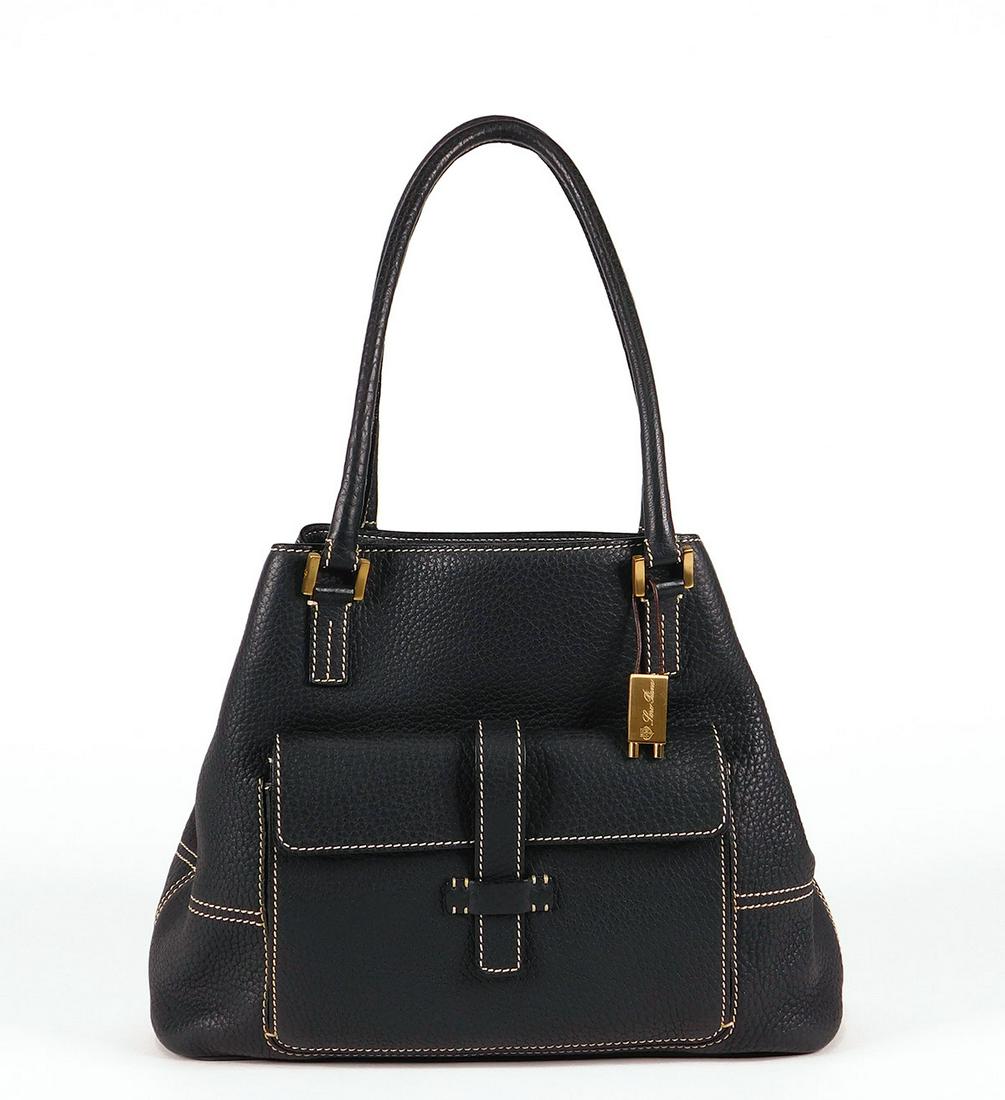 Loro Piana Fjord Leather Globe Bag: A Loro Piana Globe bag, in pebbled black Fjord leather with off-white stitching and brushed gold hardware. Cream fabric interior, two open pockets, one zippered pocket inside, one on the exterior reve