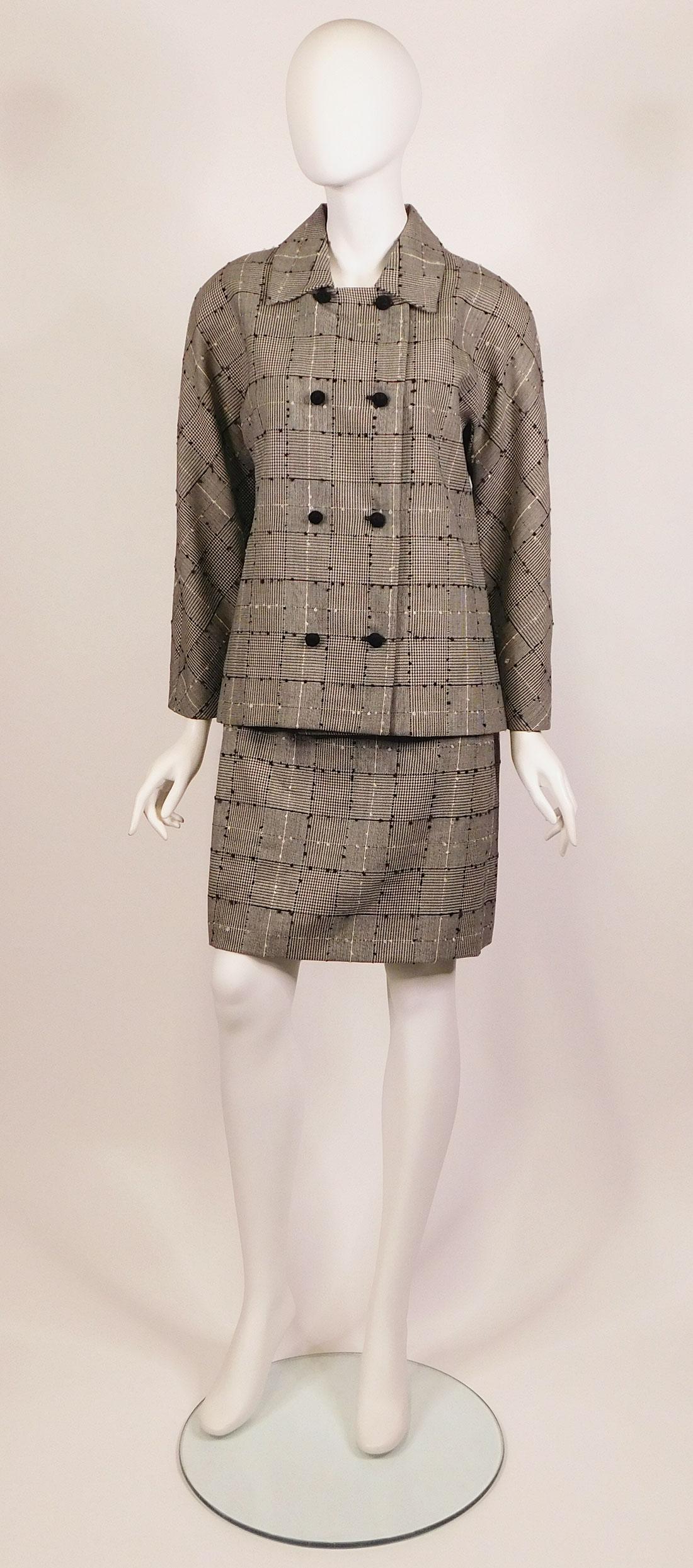 Donna Karan, Genny, Calvin Klein: Women’s Suiting: A collection of women’s suits and separates, various designers. 1980s/1990s. Comprised of: a) a Genny gray tweed skirt suit, jacket size 10 and skirt size 12, 97% wool/3% alpaca; b) three black Genn