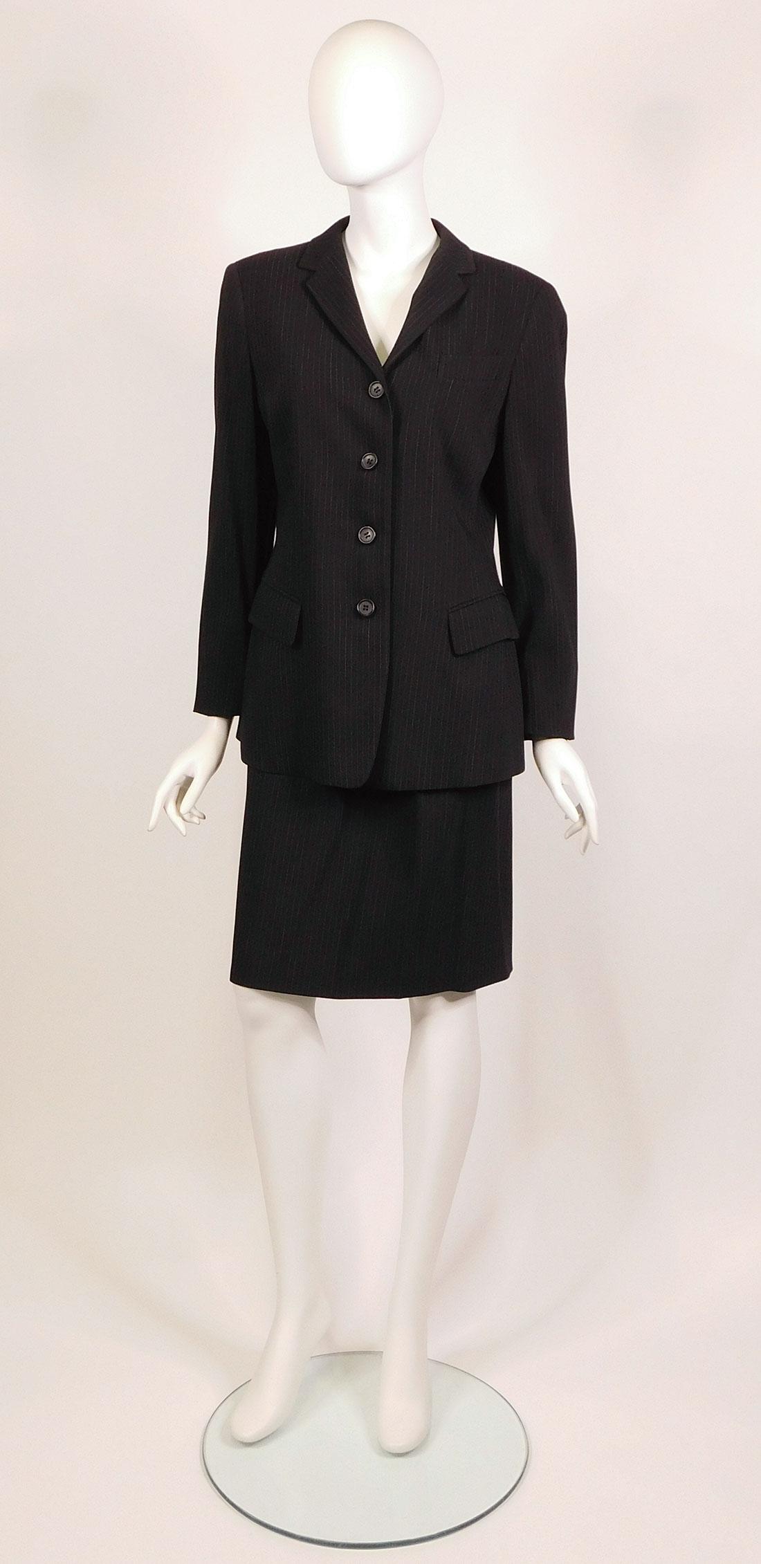 Jil Sander, Inès de la Fressange: Women’s Suiting: A collection of women's suits and separates, various designers. Comprised of: a) a Jil Sander skirt suit in black with bronze pinstripes, jacket size 42 and skirt size 40, 75% wool/25% viscose, made i