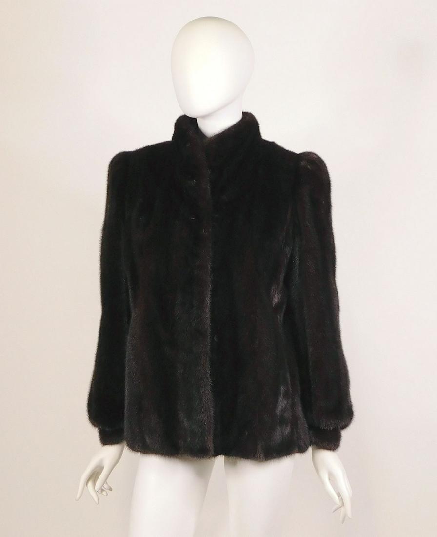 Dark Mahogany Mink Jacket: A mink jacket in dark mahogany. Labeled “State Furriers / Country Club Fashions.” Approximately 28” long, 21” across the back between the armpits, 24” rough outer sleeve length, 16” inner