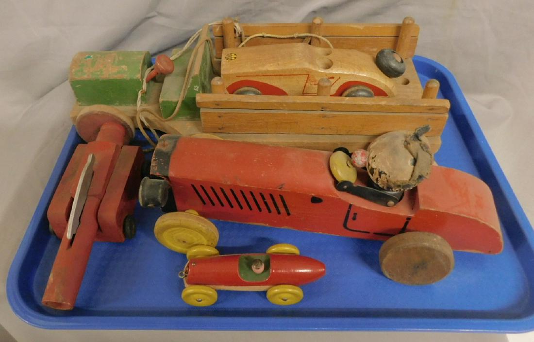 Speedy Felix & Other Wood Toys: Speedy Felix & Other Wood Toys including; Speedy Felix wood pull toy (race car) with Felix the Cat driver, 11 1/2", wood truck pull toy, 15", Holgate Toys wood car pull toy, 7 1/2", wood cannon, 7" an