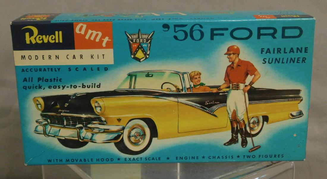 1956 Ford Fairlane Sunliner Model Kit: 1956 Ford Fairlane Sunliner Model Kit, Revell / AMT, plastic, exact scale, moveable hood, engine, chassis, two figures, like new in original box. CONDITION: Very fine, like new.