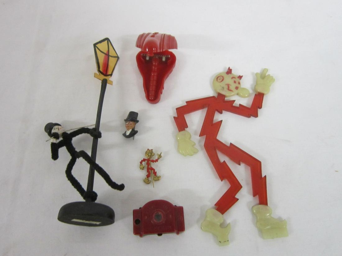 Reddy Kilowatt & Other Collectibles: Reddy Kilowatt & other collectibles including; 5 1/2" red and milky white with tabs at bottom to fit into stand (no stand), pipe cleaner figure hanging on lamp post with flat plastic lamp (made in Occ