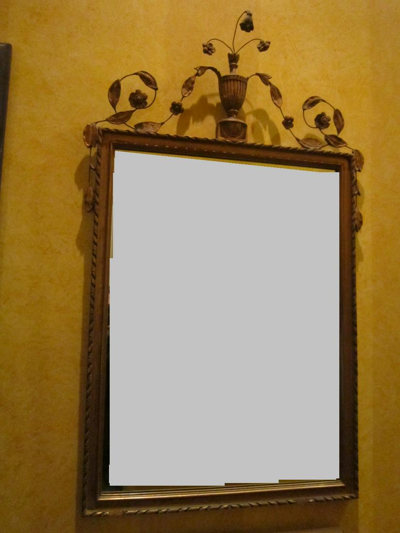 Federal Style Mirror: Federal Style Mirror, wire and cast floral urn crest, gilt rope edge, 24 1/2" x 44 1/2". Condition; light gilt wear, 2 losses to rope edging
