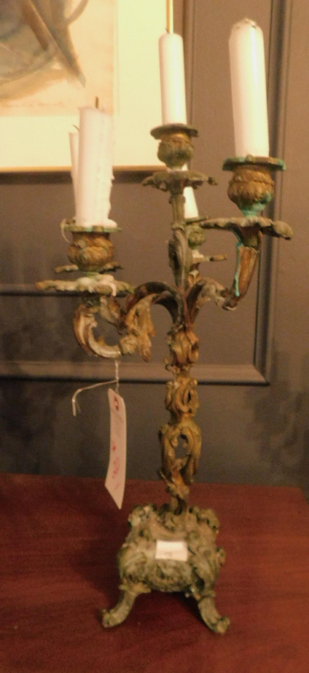 Louis XV Style Rococo Brass Candelabra: Louis XV Style Rococo Brass Candelabra, 5 light, 18 1/2" h. Condition; tarnished, bends in arms