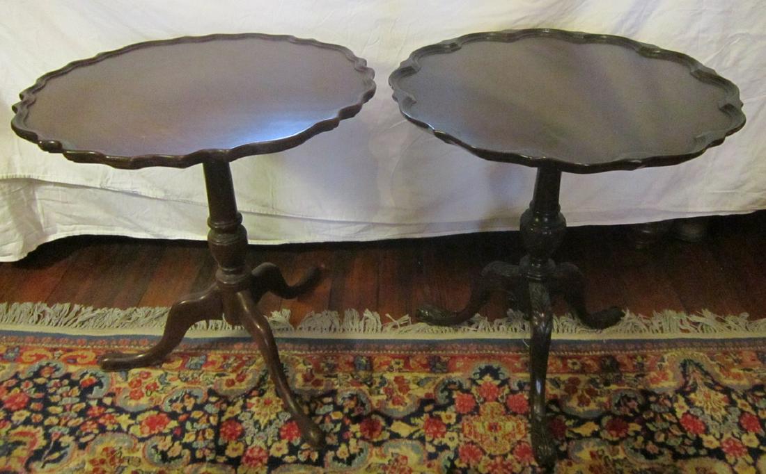 2 Pie Crust Mahogany Tables: 2 Pie Crust Mahogany Tables, one with snake feet and one with ball and claw feet. Condition; finish loss to snake foot top
