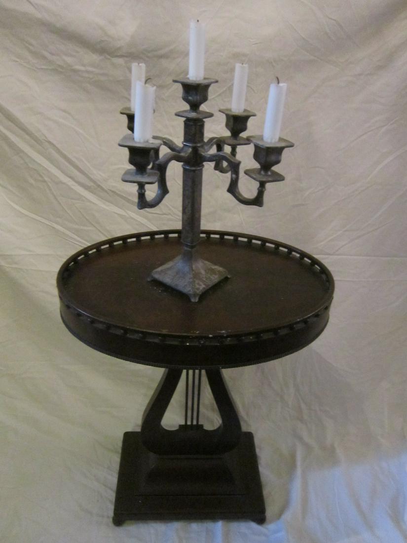 End Table and Candelabra: End Table and Candelabra, mahogany lyre base table with oval galleried top, 26 1/2" h. plus silverplate 5 light candelabra, 14 1/2" h Condition; wear to table top, candelabra tarnished